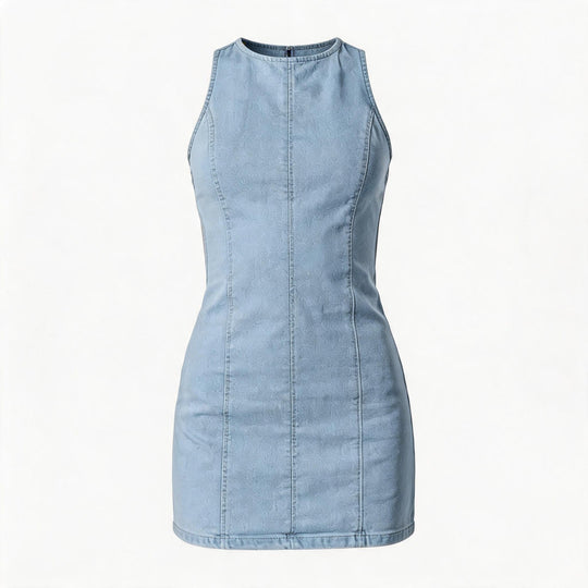 Damen figurbetontes Denim-Kleid mit Seitenschlitzen und hohem Kragen