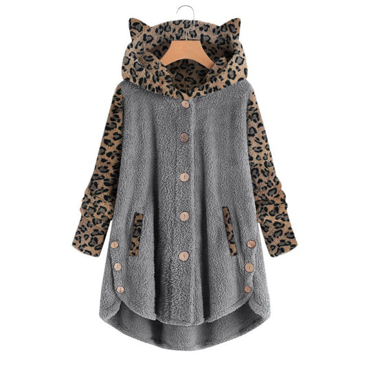 Damen Teddy‑Mantel mit Kapuze Knopfleiste und kontrastierenden Leopardenärmeln Nord Taschen