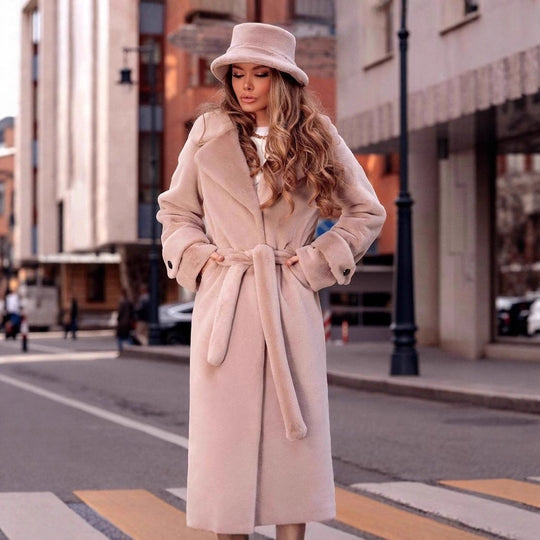 Damen Eleganter Maxi-Wollmantel mit Taillengürtel, breitem Revers und krempelbaren Manschetten Nord Taschen