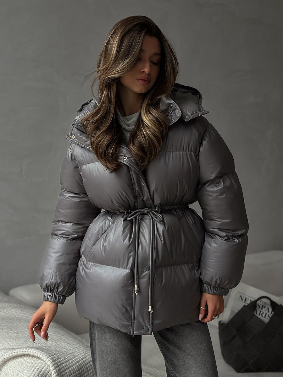 Damen Taillierte Steppjacke in Daunenoptik mit Tunnelzug und Kapuze Nord Taschen