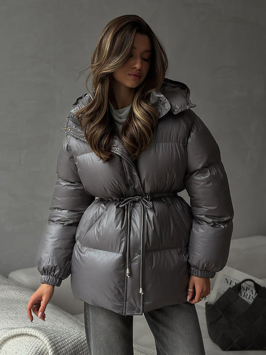 Damen Taillierte Steppjacke in Daunenoptik mit Tunnelzug und Kapuze Nord Taschen