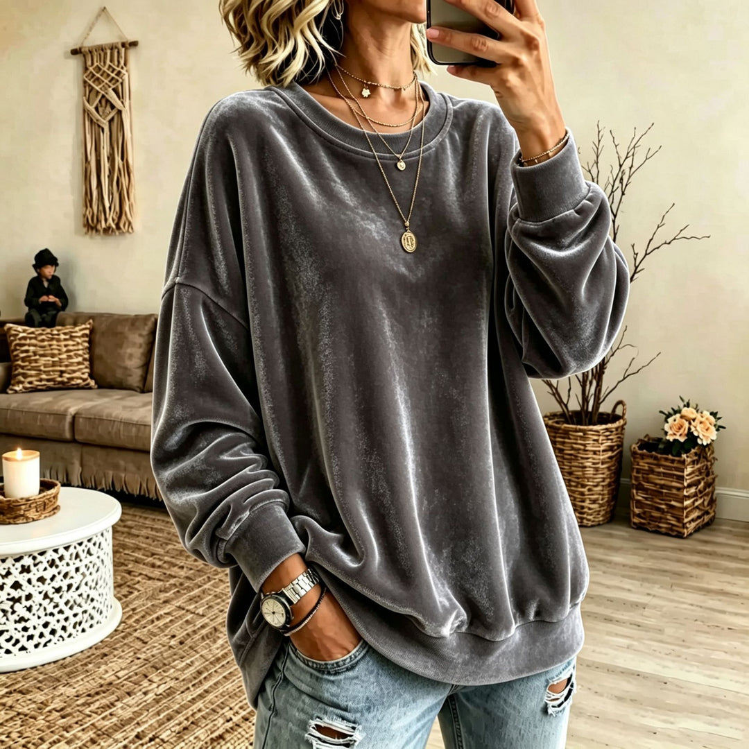 Damen Oversize-Samtpullover mit weitem Schnitt und geripptem Saum Nord Taschen