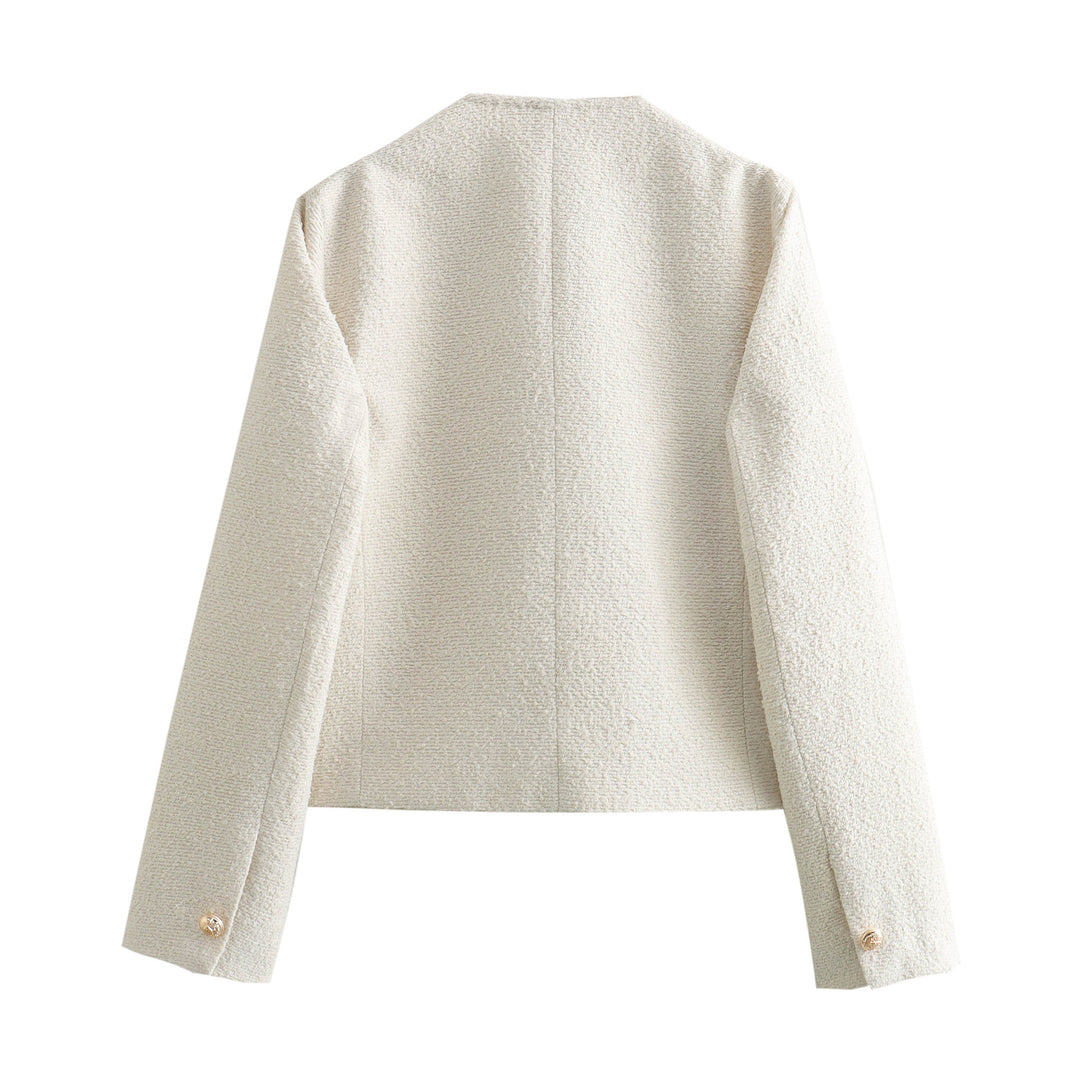 Damen Kurzgeschnittene Bouclé‑Tweedjacke mit Rundhalsausschnitt, Zierknöpfen und Pattentaschen Nord Taschen