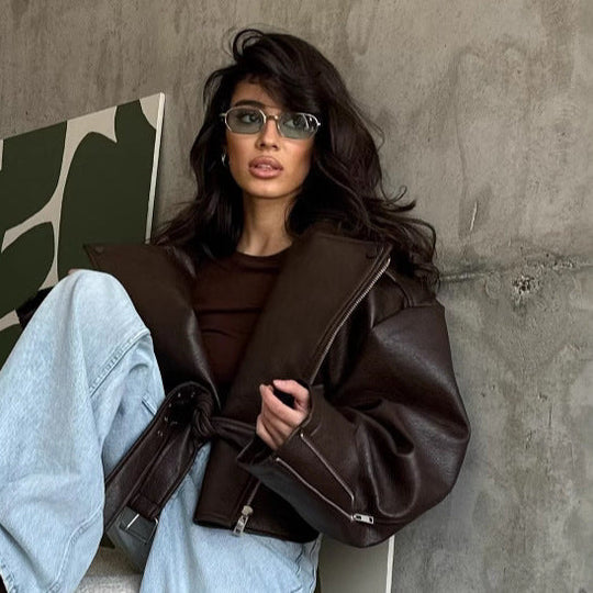 Damen Übergröße Kunstlederjacke im lässigen Stil