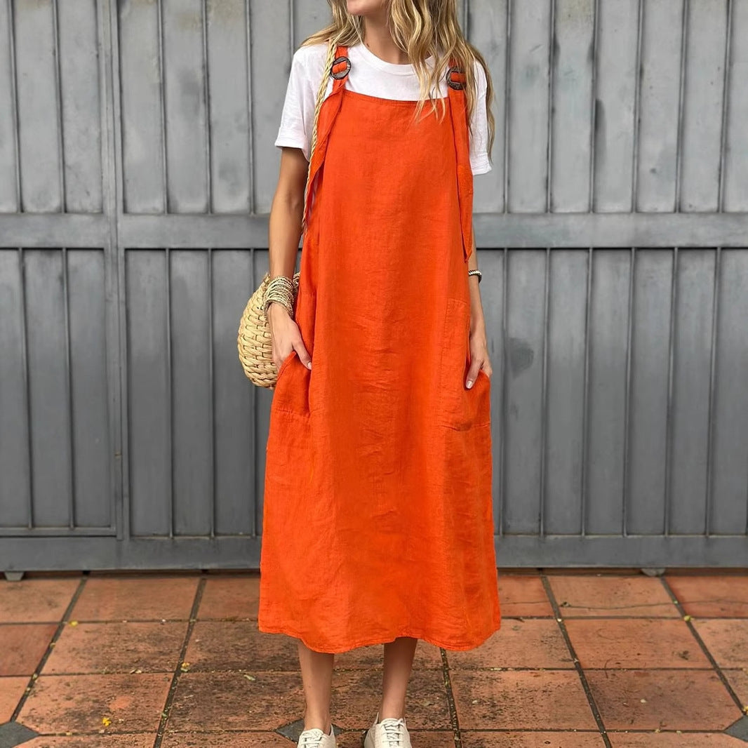 Damen lässiges Leinenkleid mit praktischen Taschen und verstellbaren Trägern
