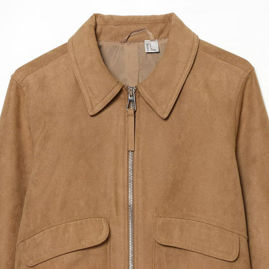 Damen Kurzjacke in Wildlederoptik Bomber mit Reißverschluss, Pattentaschen und Rippbündchen Nord Taschen