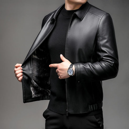 Herren Glatte Kunstlederjacke mit wärmendem Kunstfellfutter, Hemdkragen und elastischem Saum Nord Taschen