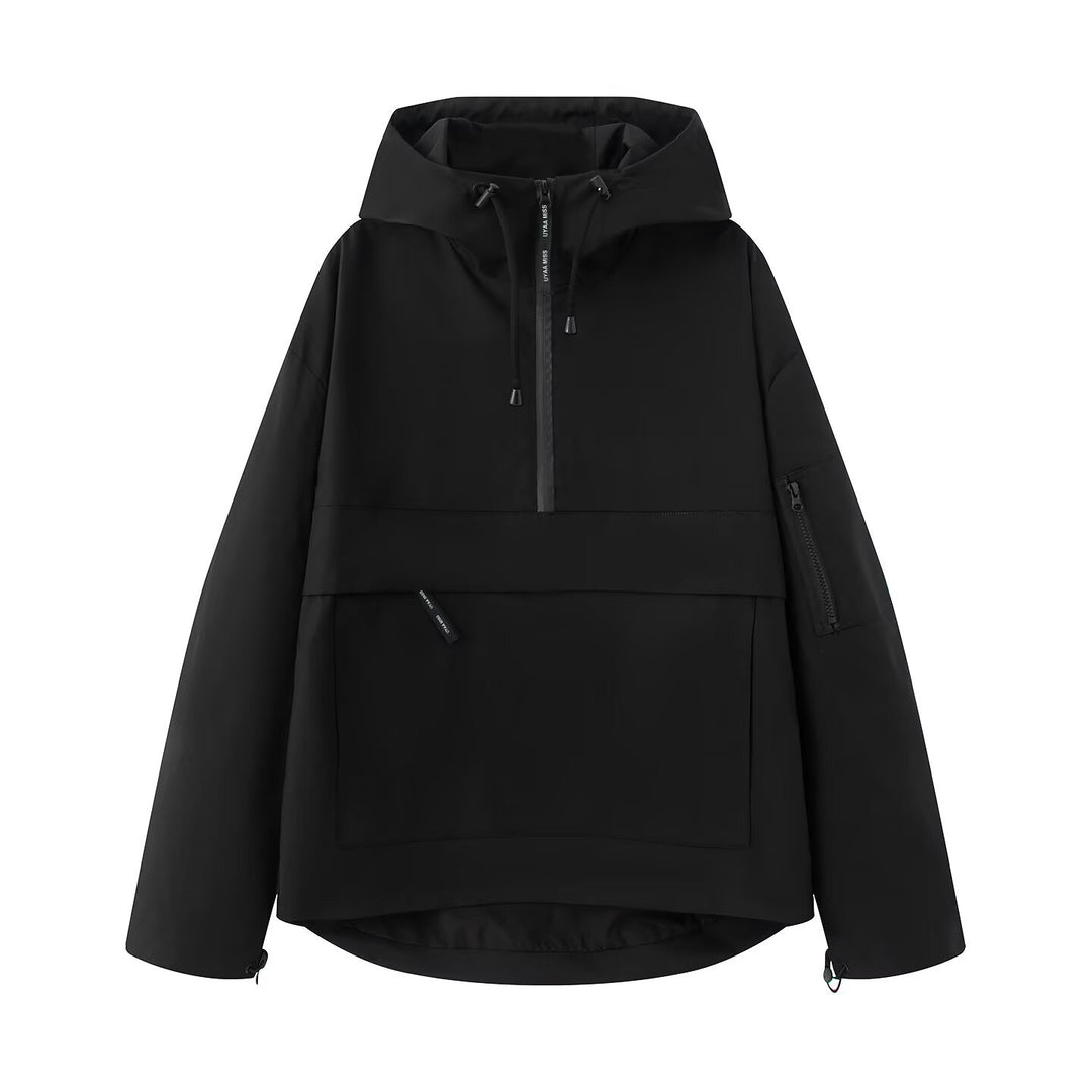 Damen wasserdichter Oversized Anorak mit Kapuze, halbem Reißverschluss und Kängurutasche Nord Taschen
