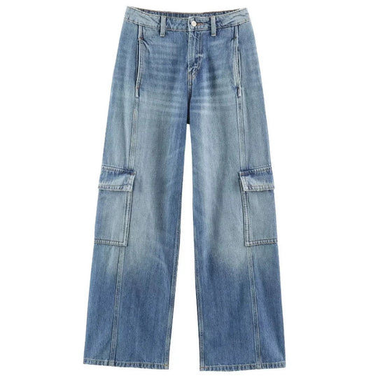 Damen Jeans‑Cargo‑Hose mit weitem Bein, Ziernähten und aufgesetzten Klappentaschen Nord Taschen
