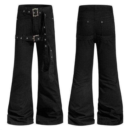 Damen High‑Waist Schlag-Cargohose mit weitem Bein, Doppelgürtel und Metallösen Nord Taschen