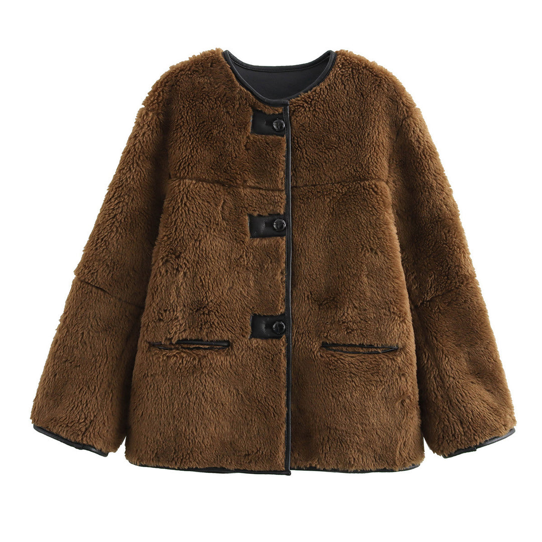 Damen Boxy-Teddyjacke im Faux-Shearling mit Rundhals, Knopfverschluss und Lederpaspeln Nord Taschen