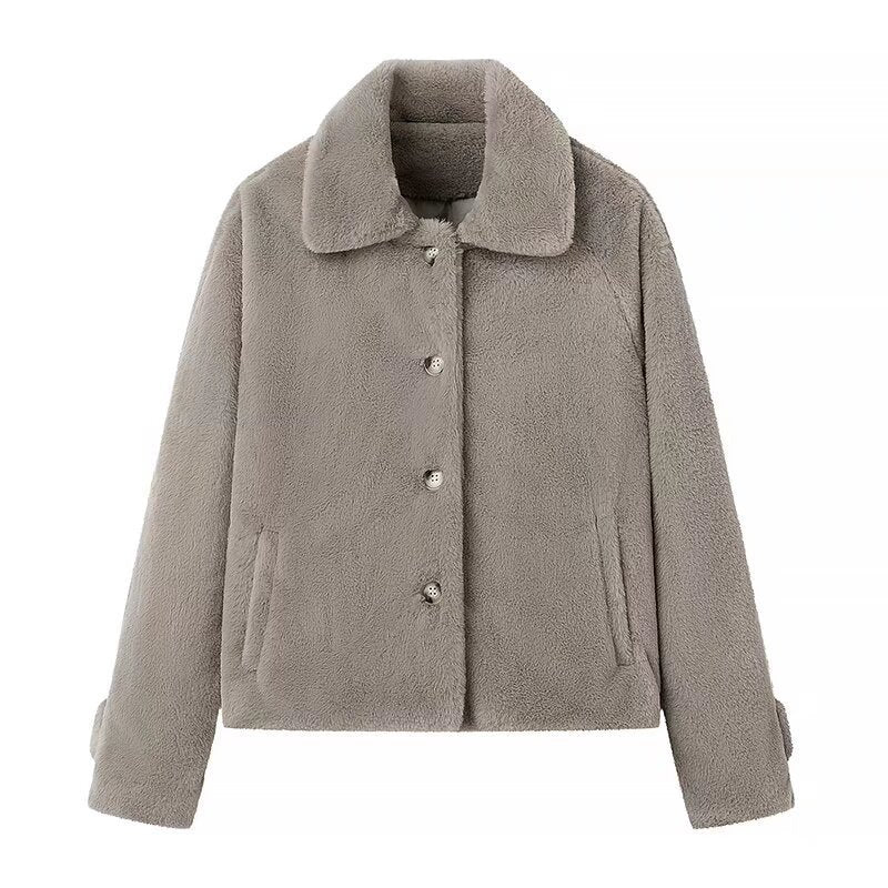 Damen Kurz geschnittene Teddy‑Fleecejacke mit Hemdkragen, verdeckter Knopfleiste und Eingrifftaschen Nord Taschen