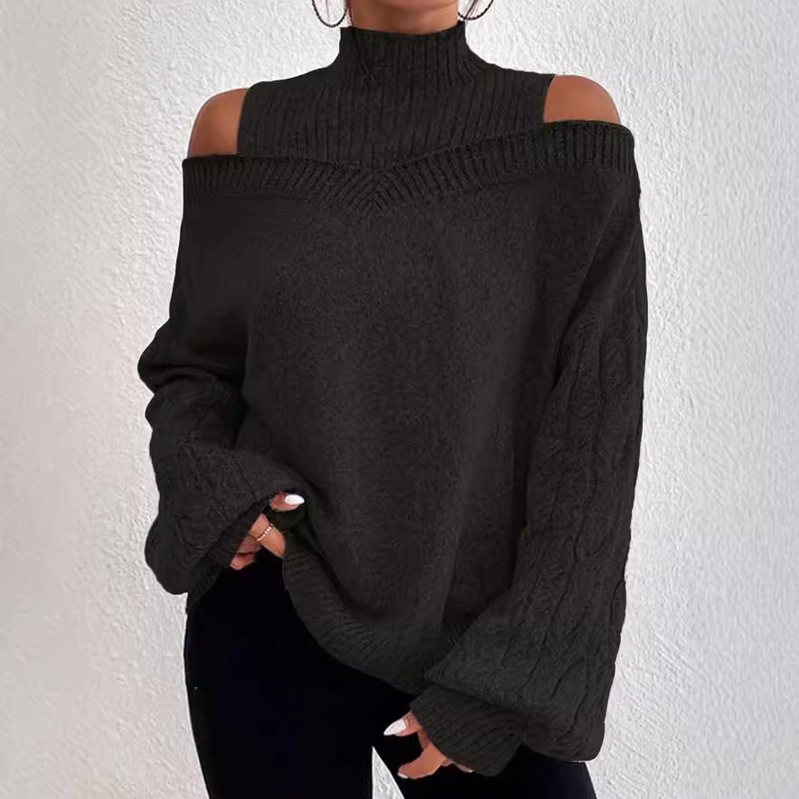 Damen Schulterfreier Oversize-Strickpullover mit Stehkragen Drune