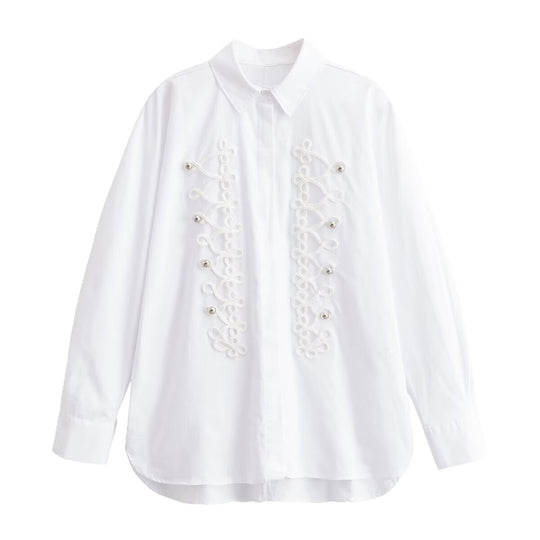 Damen Oversized-Bluse mit dekorativen Froschverschlüssen und Hemdkragen Nord Taschen