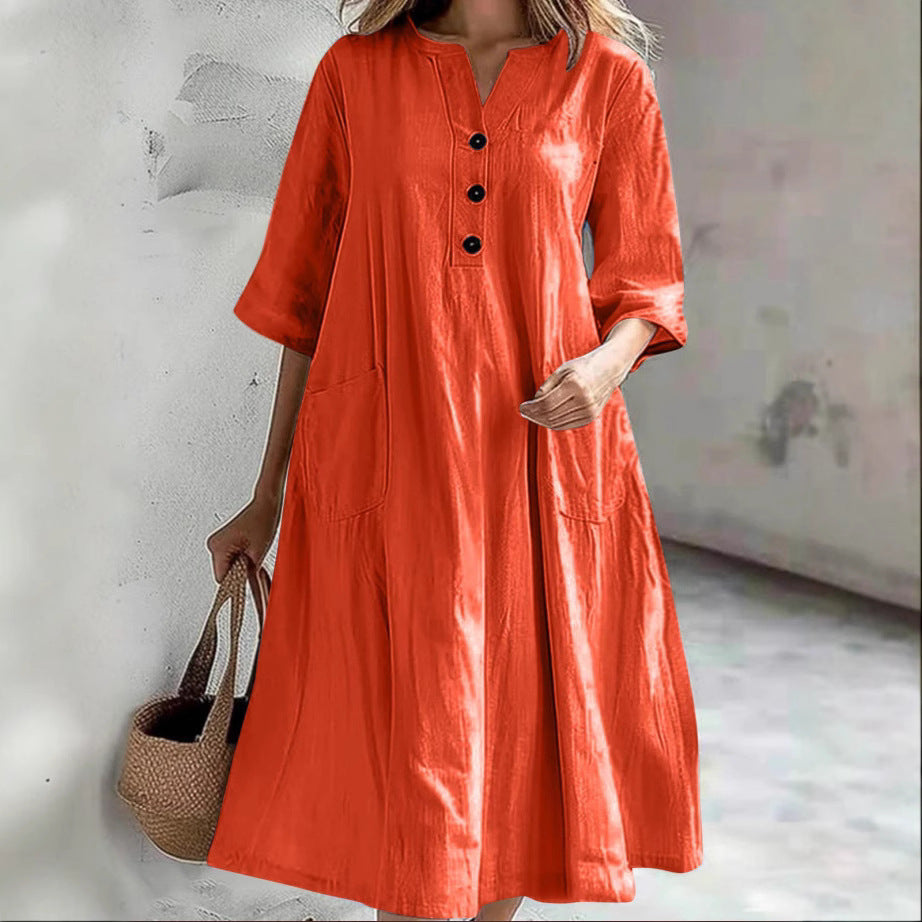 Damen lässiges Leinenkleid mit praktischen Taschen und Knopfdetails