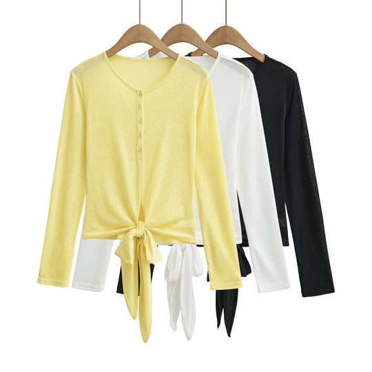 Damen Langarm-Henley-Top mit Knotenfront und Knopfleiste Nord Taschen