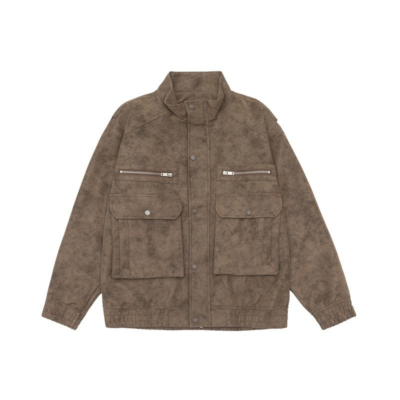 Herren Boxy Utility-Blousonjacke aus Veloursoptik mit Stehkragen und Mehrfachtaschen Nord Taschen