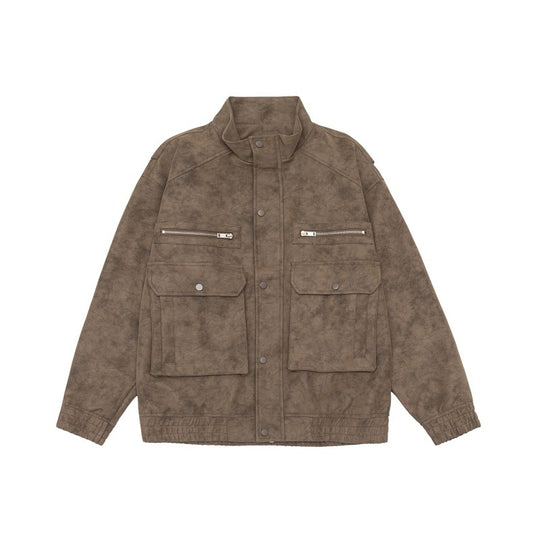 Herren Boxy Utility-Blousonjacke aus Veloursoptik mit Stehkragen und Mehrfachtaschen Nord Taschen