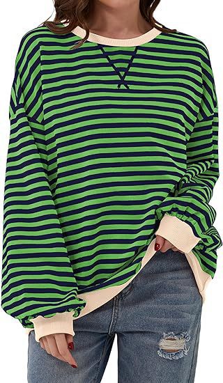 Damen Gestreifter Oversize Pullover mit Kontrastbündchen Nord Taschen