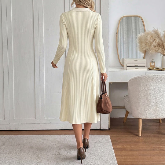 Damen Geripptes Midikleid mit Polokragen, Knopfleiste und tailliertem A‑Linien‑Schnitt Nord Taschen