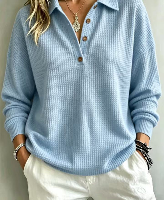 Damen Waffelstrick-Polo mit Oversize-Schnitt, Knopfleiste und Rollkragen-Optik Nord Taschen