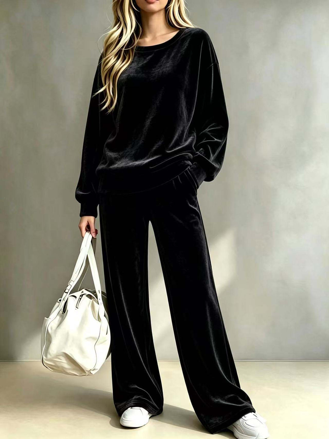 Damen Weiches Velours-Loungewear-Set mit weitem Bein und Rundhalsausschnitt Nord Taschen