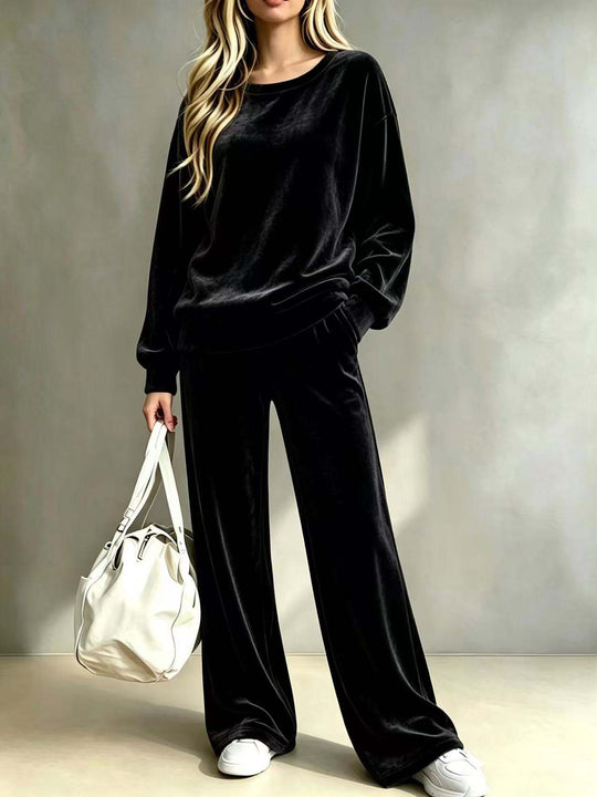 Damen Weiches Velours-Loungewear-Set mit weitem Bein und Rundhalsausschnitt Nord Taschen