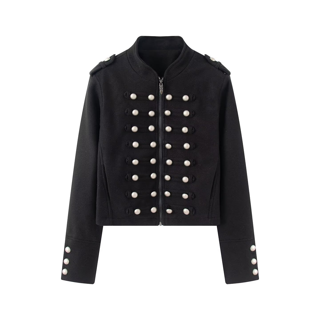 Damen Kurzgeschnittene Militärjacke mit Perlenbesatz und Stehkragen Nord Taschen