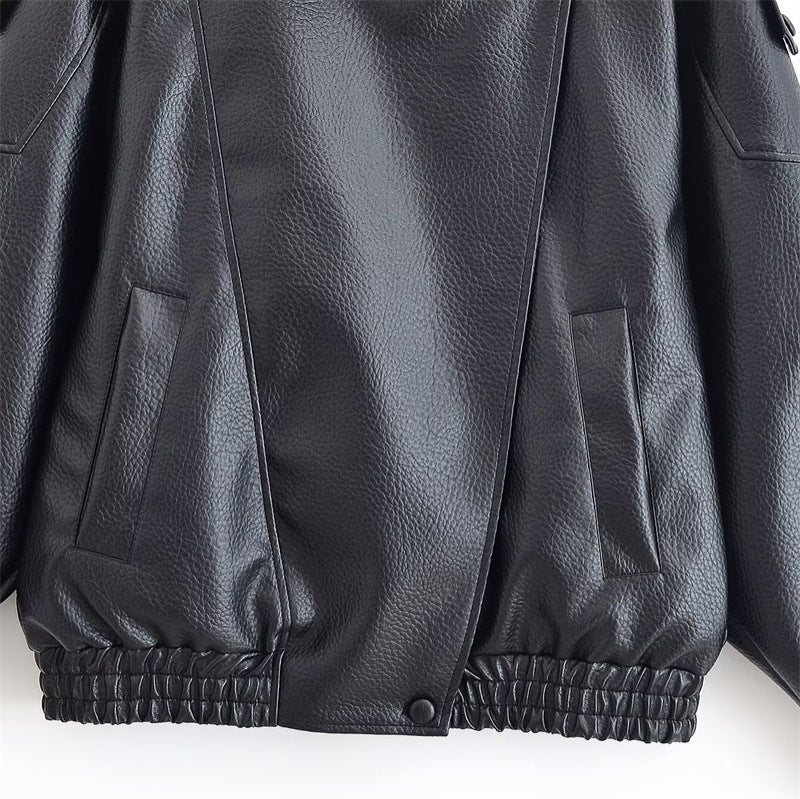 Damen Lederjacke mit hohem Stehkragen und asymmetrischer Druckknopfleiste Nord Taschen