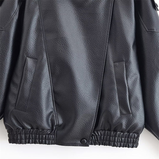 Damen Lederjacke mit hohem Stehkragen und asymmetrischer Druckknopfleiste Nord Taschen