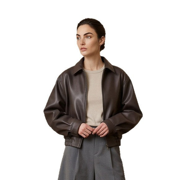 Damen Boxy-Cropped Kunstlederjacke mit verdecktem Reißverschluss und elastischem Saum Nord Taschen