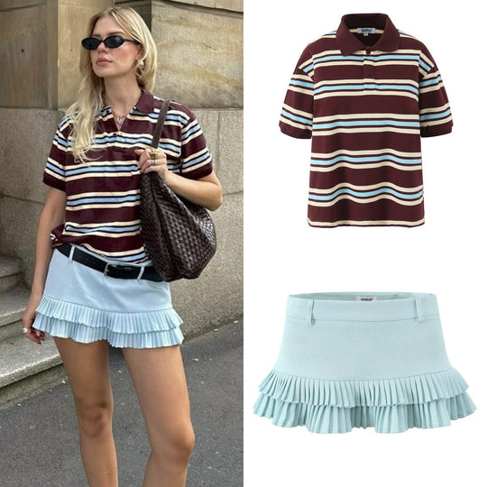 Damen Lässiges Langarm-Poloshirt mit Streifenmuster und Rippbündchen Nord Taschen