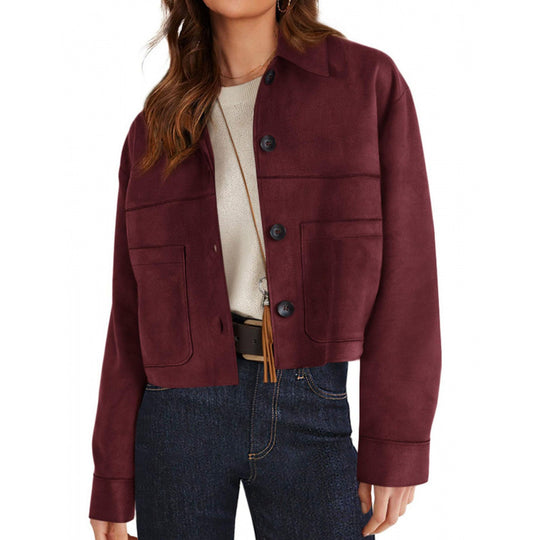Damen kurze Wildleder-Optik Jacke mit aufgesetzten Taschen und Hemdkragen Nord Taschen