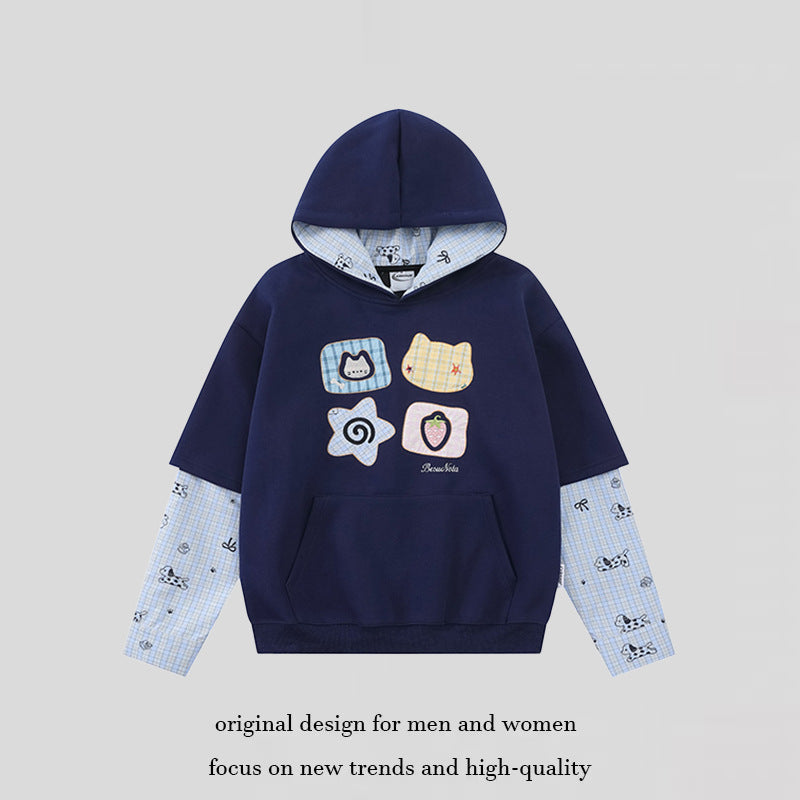 Damen Kapuzensweatshirt mit Lagenoptik, Kängurutasche und verspielten Patch‑Applikationen Nord Taschen