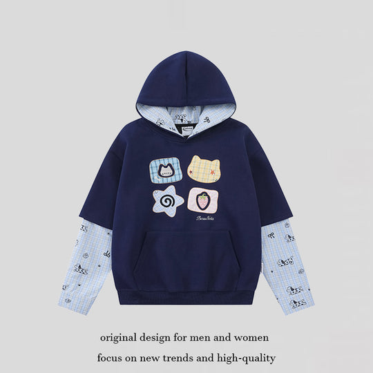 Damen Kapuzensweatshirt mit Lagenoptik, Kängurutasche und verspielten Patch‑Applikationen Nord Taschen