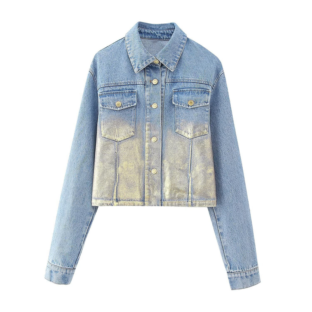 Damen Kurze Denim-Jacke mit Metallic-Finish und aufgesetzten Brusttaschen Nord Taschen