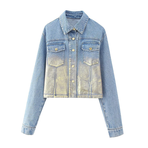 Damen Kurze Denim-Jacke mit Metallic-Finish und aufgesetzten Brusttaschen Nord Taschen