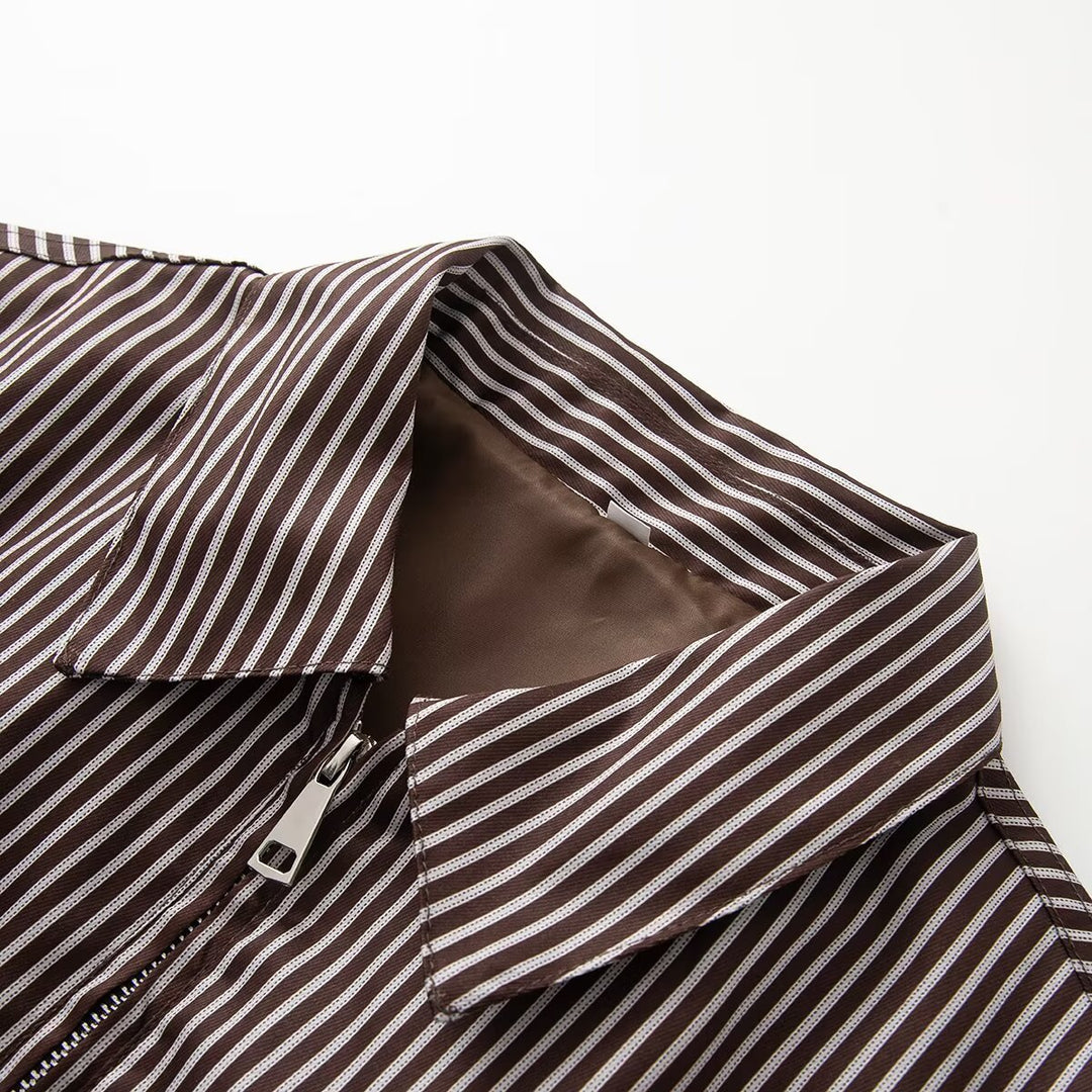 Damen Leichte gestreifte Blousonjacke mit Reißverschluss, Hemdkragen und elastischem Saum Nord Taschen