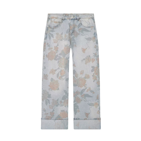 Damen Highwaist-Jeans mit weitem Bein, floralem Allover-Print und Umschlag Nord Taschen