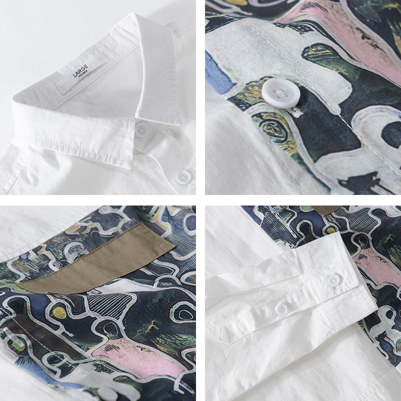 Herren Baumwollhemd mit großem Kunst-Print-Brustpatch und Kentkragen Nord Taschen