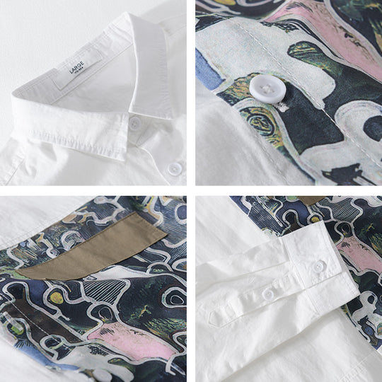 Herren Baumwollhemd mit großem Kunst-Print-Brustpatch und Kentkragen Nord Taschen