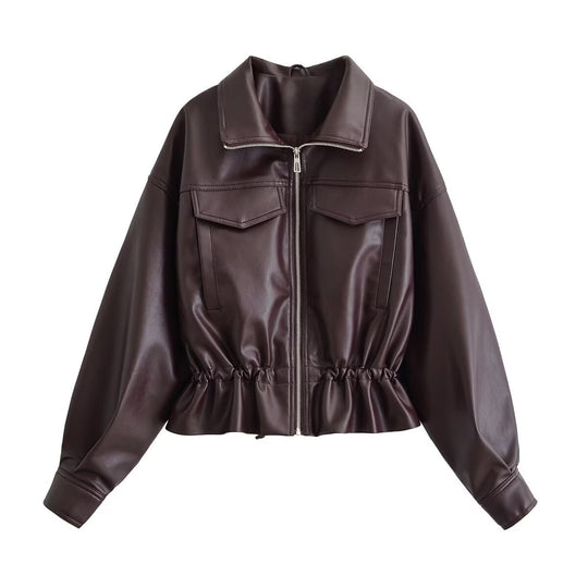 Damen Kurzjacke aus veganem Leder mit Tunnelzug und aufgesetzten Brusttaschen Nord Taschen