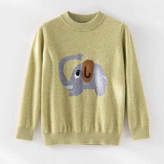 Damen Feinstrick-Pullover mit plüschiger Elefanten-Intarsia und Rippbündchen Nord Taschen