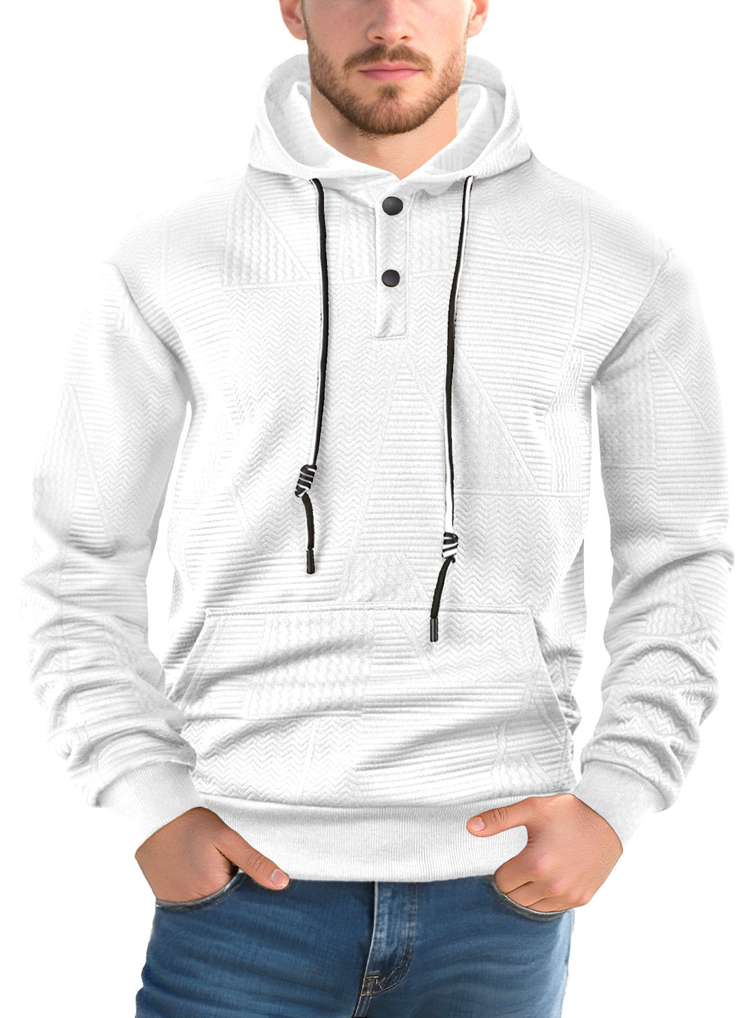 Herren Texturierter Kapuzenpullover mit gesteppter Patchstruktur und Druckknopfleiste Nord Taschen