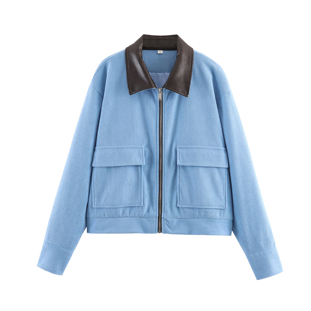 Damen Cordjacke mit Reißverschluss, Kunstlederkragen und aufgesetzten Taschen Nord Taschen