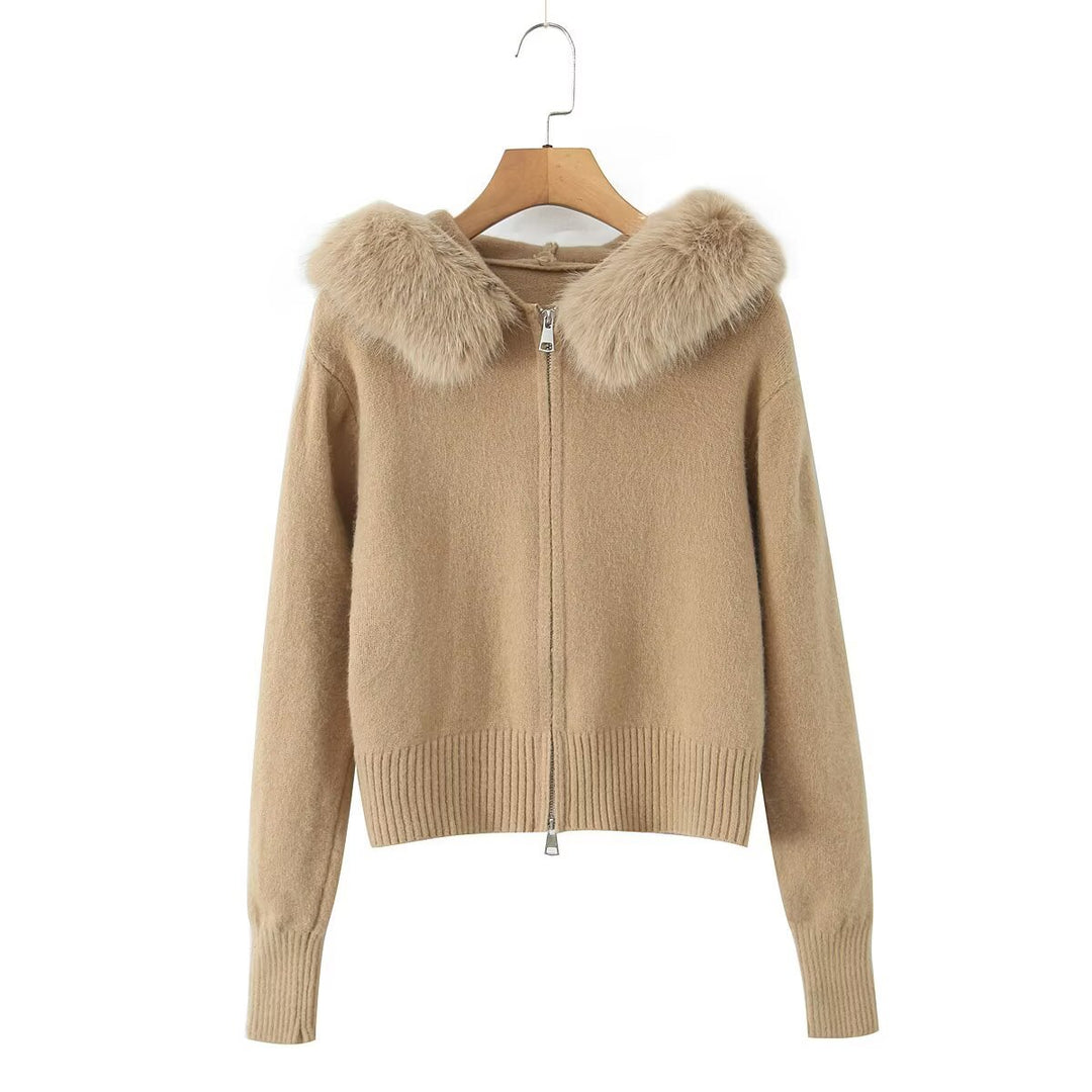 Damen Kurze Strickjacke mit Reißverschluss und abnehmbarem Kunstfellkragen Nord Taschen