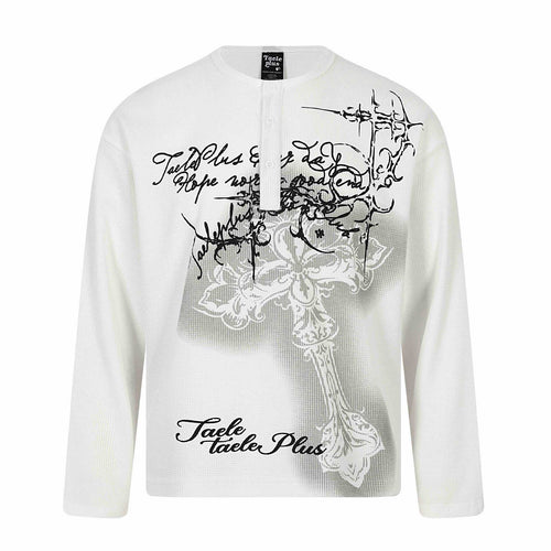Herren Langarm-Henleyshirt mit Waffelstruktur, Knopfleiste und großflächigem Grafikprint Nord Taschen