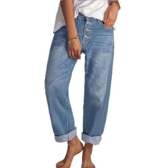 Damen High‑Waist Relaxed-Fit Jeans im Boyfriend-Stil mit Sichtbarer Knopfleiste und Aufgekrempeltem Saum Nord Taschen