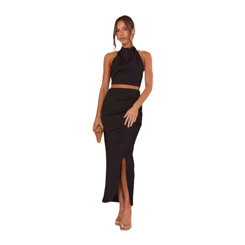 Damen Set aus Crop-Top und Hochgeschlitzt Maxirock
