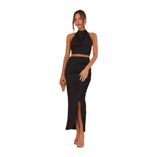 Damen Set aus Crop-Top und Hochgeschlitzt Maxirock